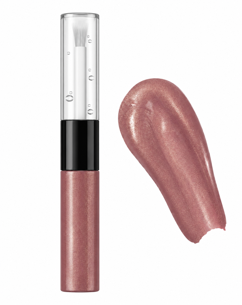 A tube of shimmery metallic rose pink lip gloss shown next to a matching glossy swatch on a plain white background.