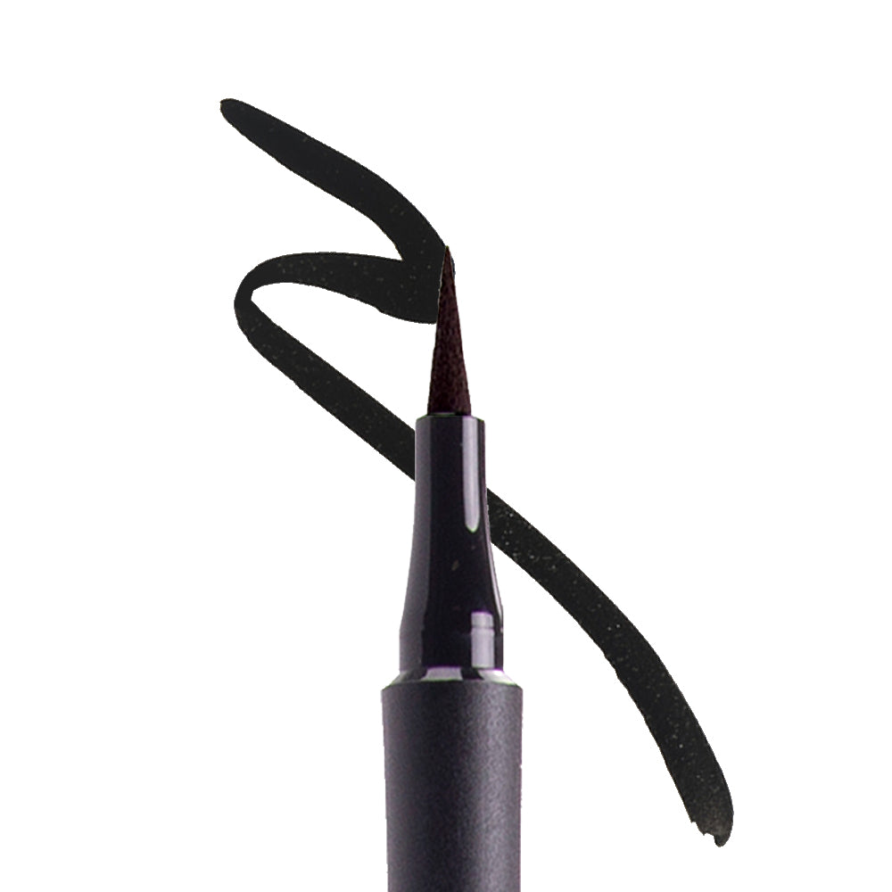 Black eyeliner pencil with a swatch of black color on a white background
