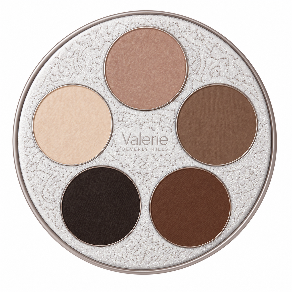 A round makeup palette with five circular pans in neutral shades, set in a textured silver case. The center of the palette is printed with the brand name 'Valerie Beverly Hills'.